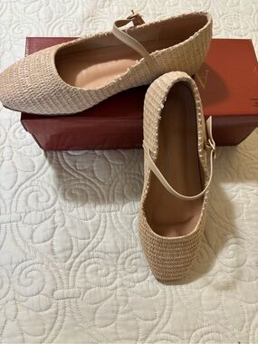 Azarayah Beige Woven Mary Jane Flats with Adjustable Strap